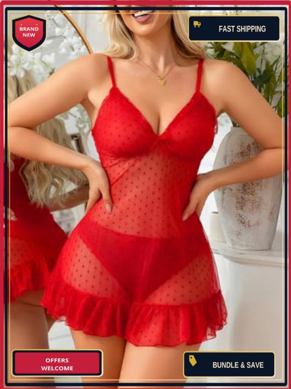 Mesh Sheer Babydoll Lingerie Dress Chemise Sleepwear with Thong - Picture 3 of 6